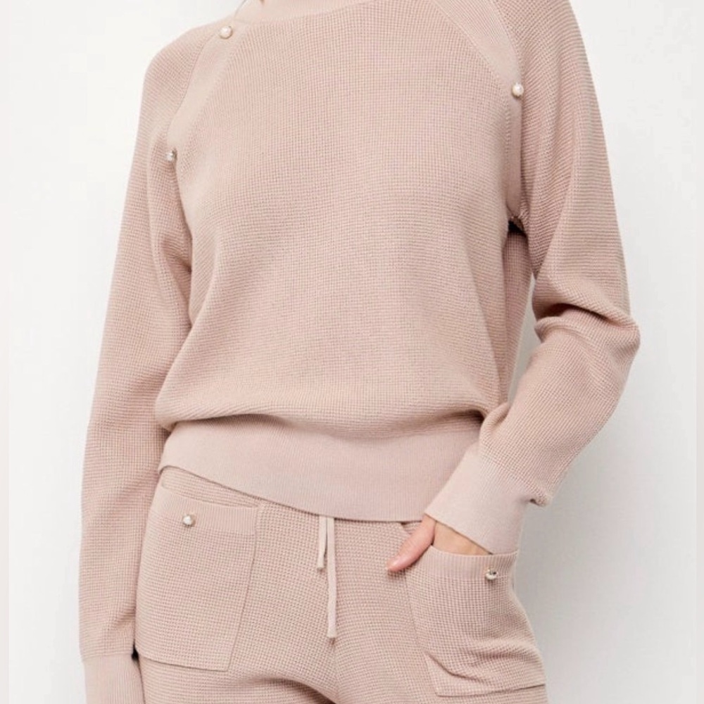 Premium Boutique Knit Lounge Set Taupe Pearl Detail Sweater & Jogger Pants Set - Picture 4 of 7